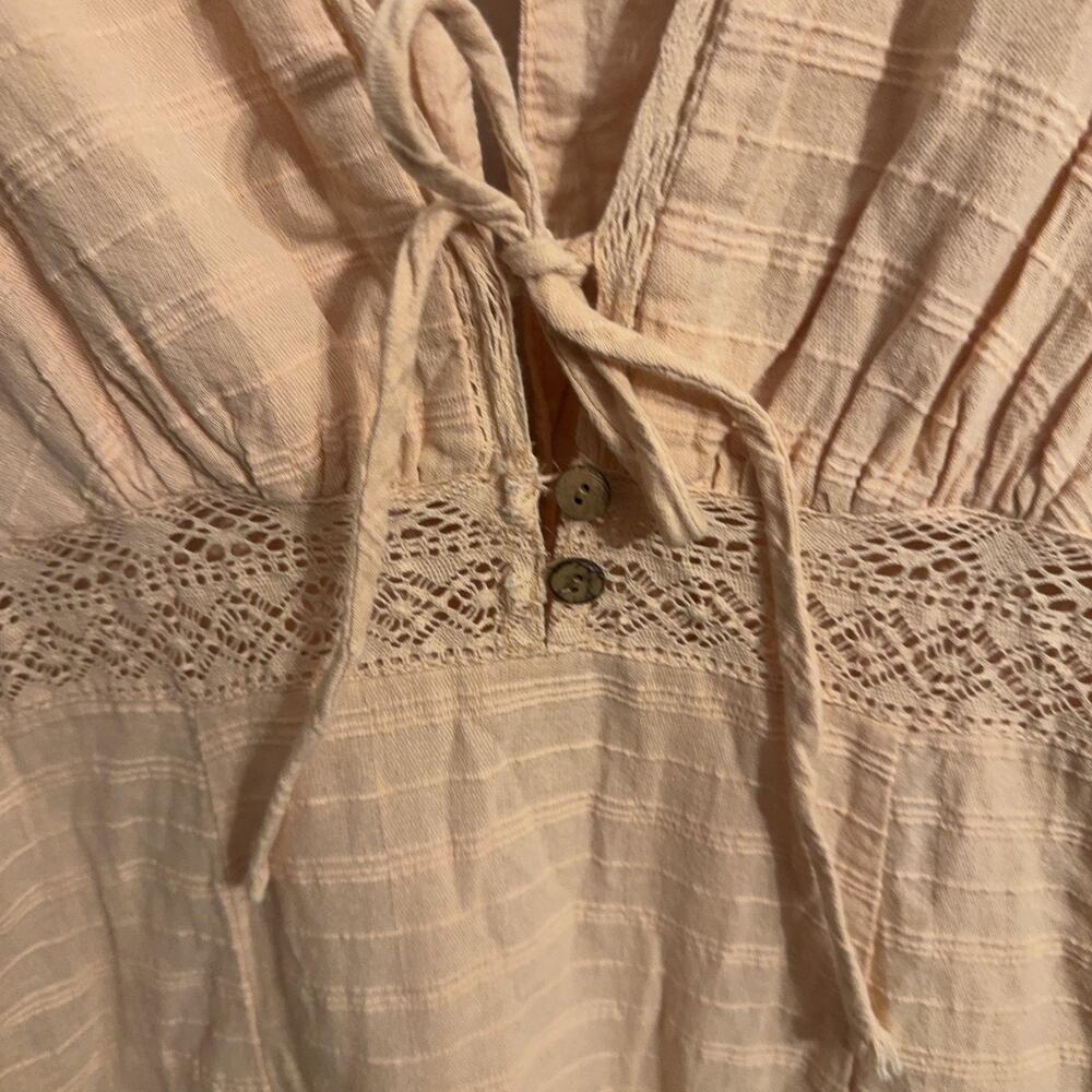 Free People Dress Womens 10 Beige Cotton Puff Sleeve Maxi Crochet Boho Pockets - Picture 2 of 9